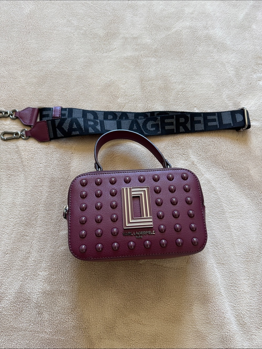 NWOT: Karl Lagerfeld Studded Burgundy  Top-Handle Crossbody Bag